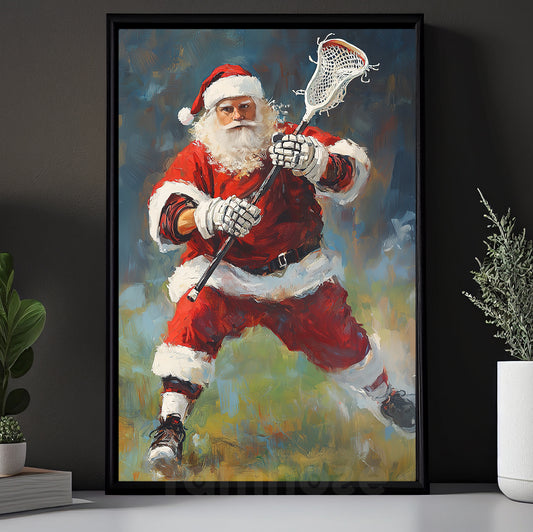 Vintage Christmas Lacrosse Canvas Painting, Santa Claus Playing Lacrosse Winter Wall Art Decor, Xmas Poster Gift For Lacrosse Lovers