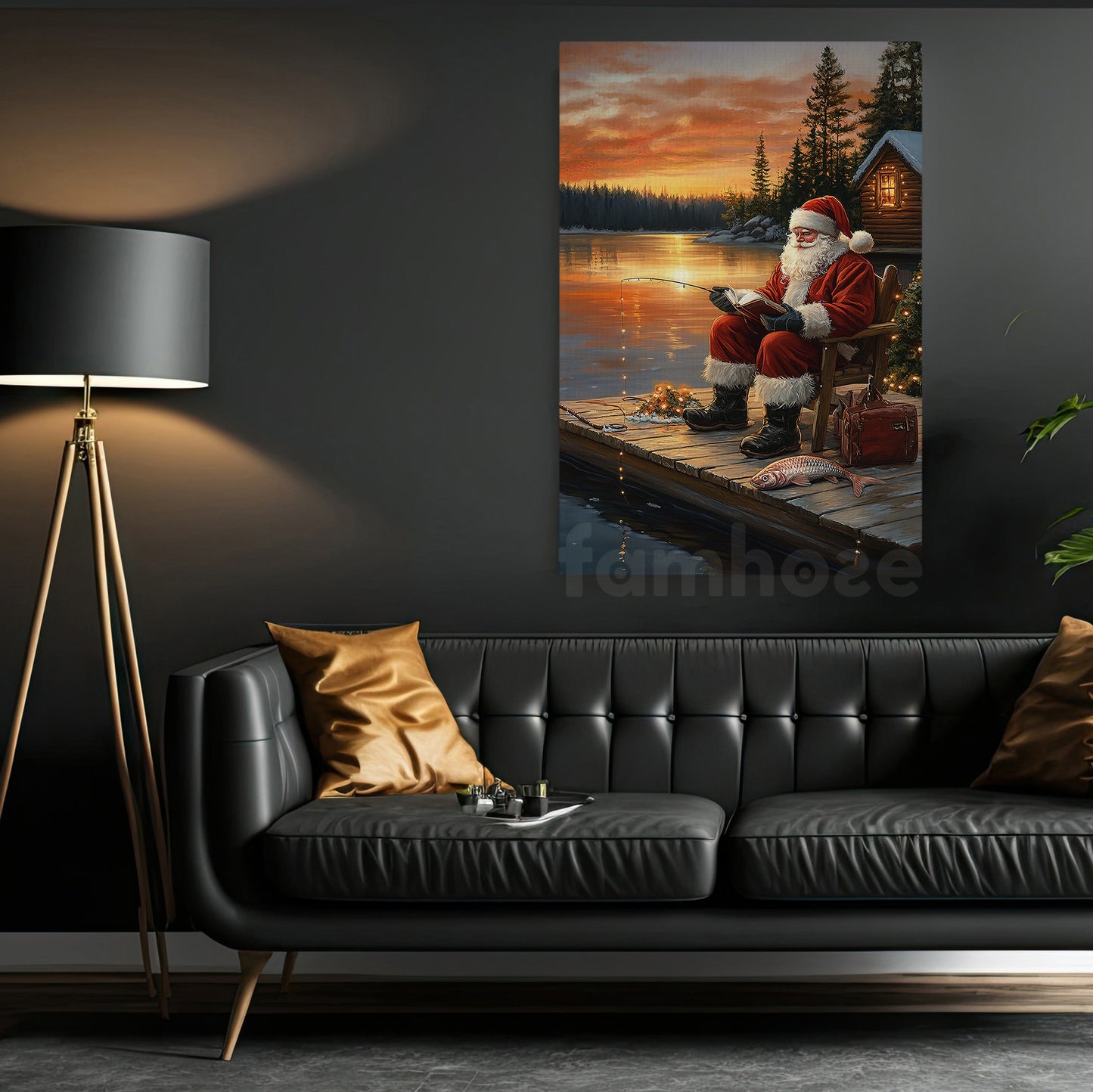 Christmas Fishing Canvas Painting, Peaceful Santa Fishing At Dusk Wall Art Decor, Xmas Poster Gift