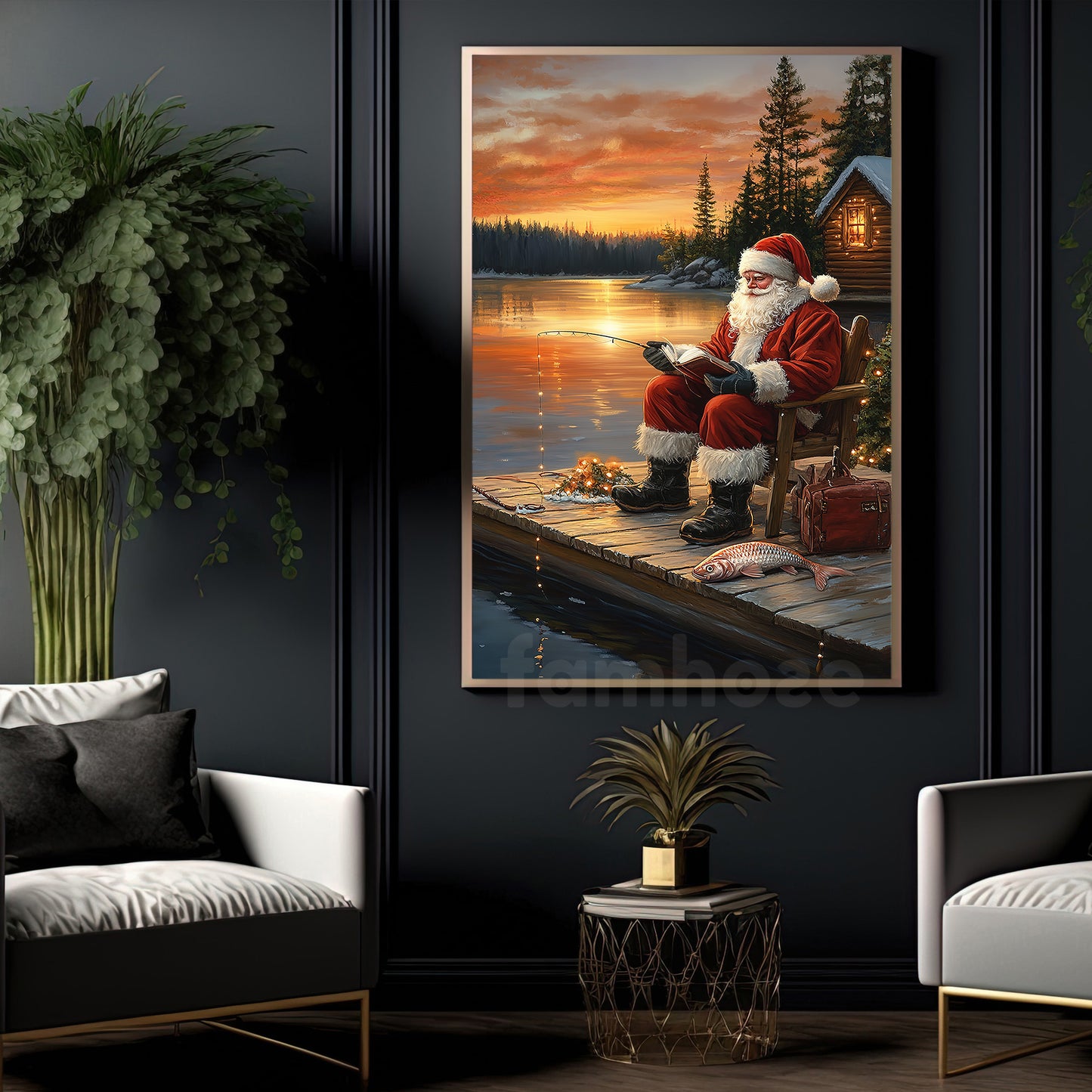 Christmas Fishing Canvas Painting, Peaceful Santa Fishing At Dusk Wall Art Decor, Xmas Poster Gift