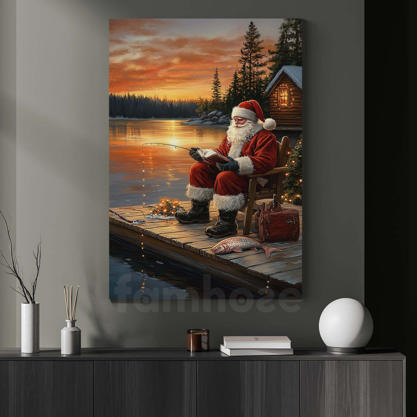 Christmas Fishing Canvas Painting, Peaceful Santa Fishing At Dusk Wall Art Decor, Xmas Poster Gift