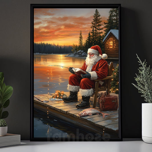 Christmas Fishing Canvas Painting, Peaceful Santa Fishing At Dusk Wall Art Decor, Xmas Poster Gift For Fishing Lovers