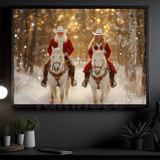 Christmas Cowboy Canvas Painting, Santa And Lover Riding Horse Winter Wall Art Decor, Xmas Poster Gift For Cowboy And Cowgirl Lovers