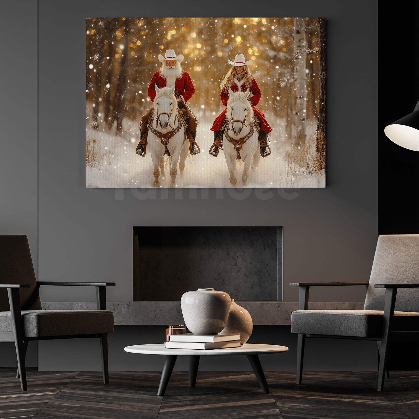 Christmas Cowboy Canvas Painting, Santa And Lover Riding Horse Winter Wall Art Decor, Xmas Poster Gift For Cowboy And Cowgirl Lovers