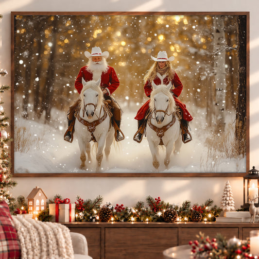 Christmas Cowboy Canvas Painting, Santa And Lover Riding Horse Winter Wall Art Decor, Xmas Poster Gift For Cowboy And Cowgirl Lovers