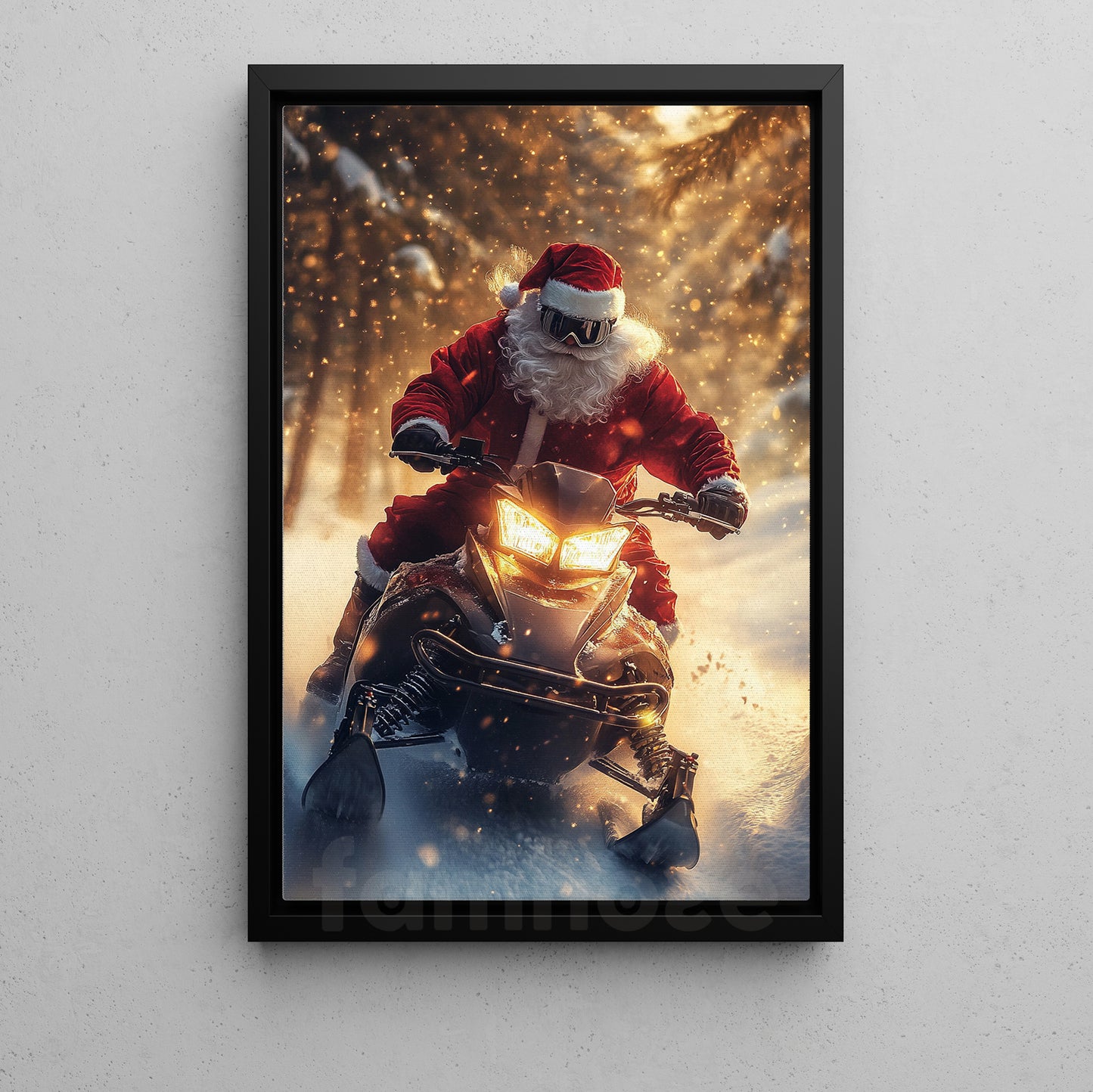 Christmas Snowmobile Canvas Painting, Santa Claus Riding Snowmobiling Winter Wall Art Decor, Xmas Poster Gift For Snowmobiling Lovers