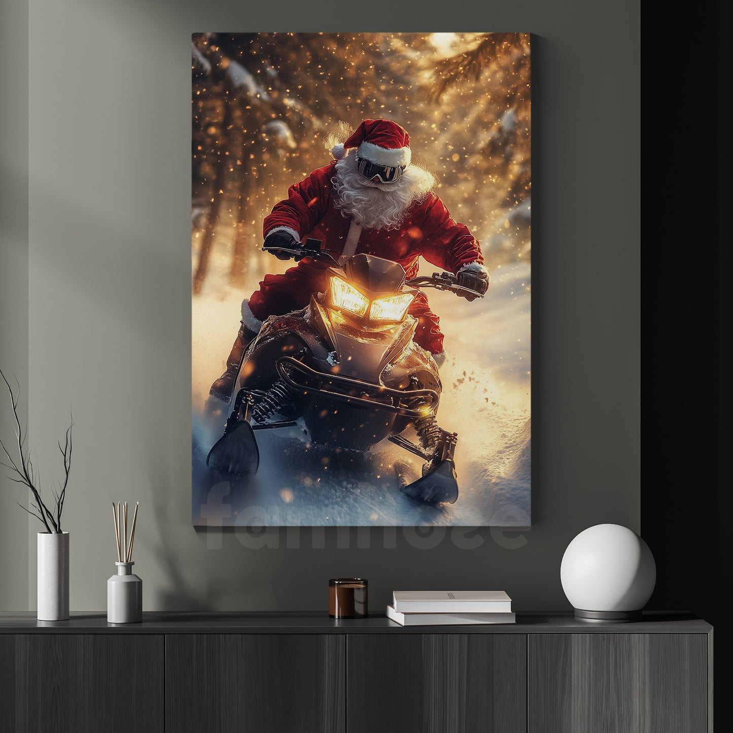 Christmas Snowmobile Canvas Painting, Santa Claus Riding Snowmobiling Winter Wall Art Decor, Xmas Poster Gift For Snowmobiling Lovers