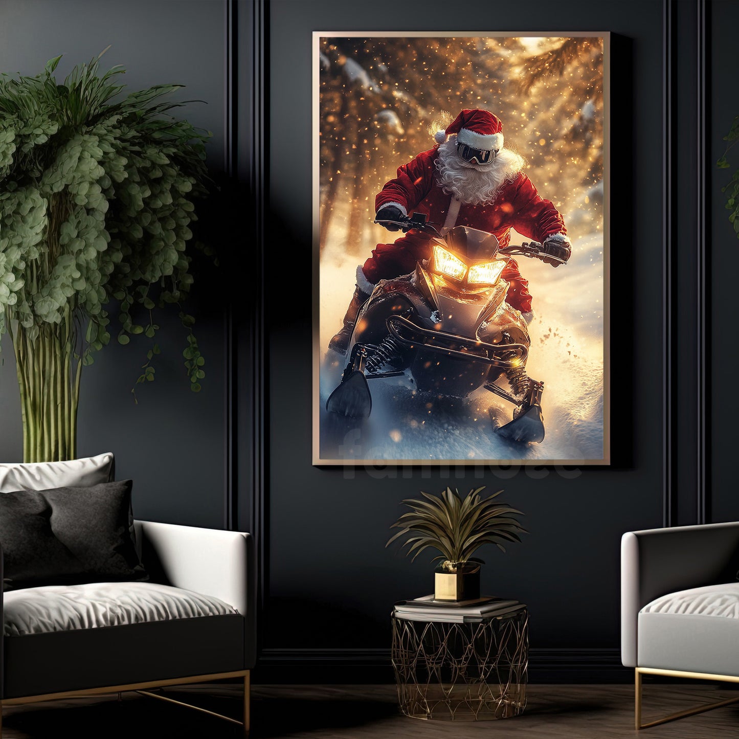 Christmas Snowmobile Canvas Painting, Santa Claus Riding Snowmobiling Winter Wall Art Decor, Xmas Poster Gift For Snowmobiling Lovers