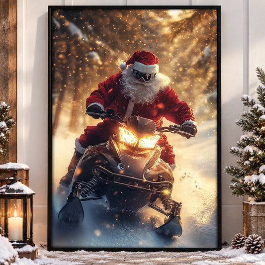 Christmas Snowmobile Canvas Painting, Santa Claus Riding Snowmobiling Winter Wall Art Decor, Xmas Poster Gift For Snowmobiling Lovers