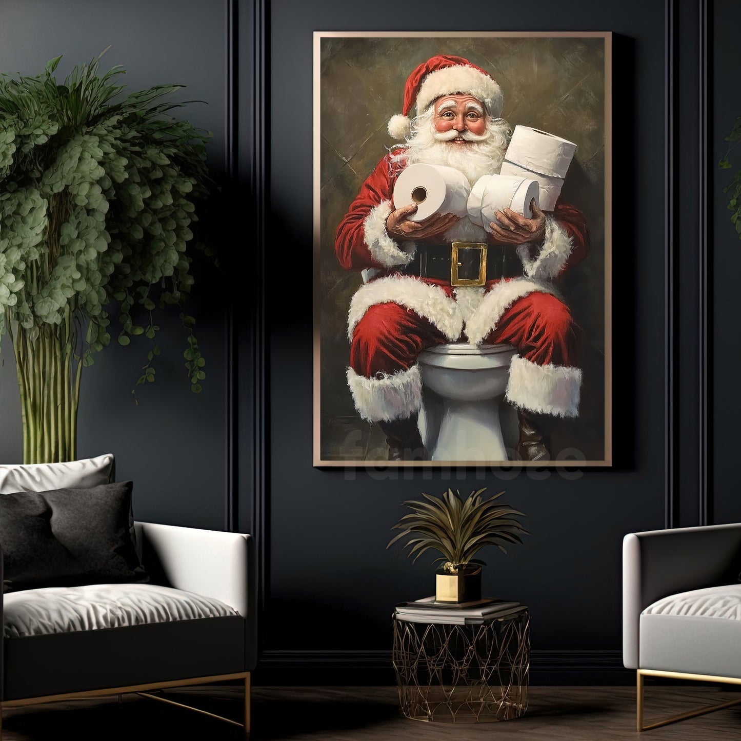 Funny Christmas Canvas Painting, Santa Claus In His Toilet Wall Art Decor, Xmas Poster Gift