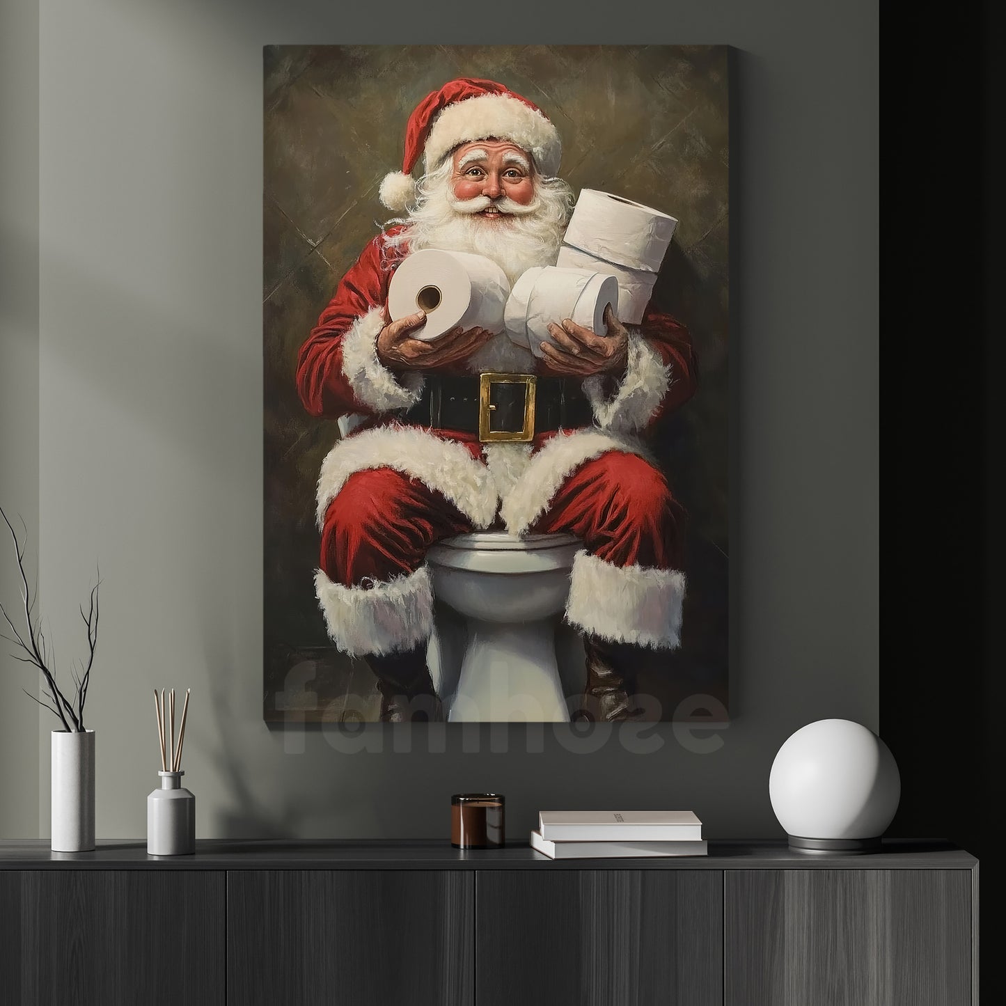 Funny Christmas Canvas Painting, Santa Claus In His Toilet Wall Art Decor, Xmas Poster Gift