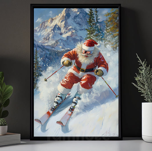 Funny Christmas Skiing Canvas Painting, Santa On Skis Winter Wall Art Decor, Xmas Poster Gift For Skiing Lovers