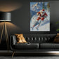 Funny Christmas Skiing Canvas Painting, Santa On Skis Winter Wall Art Decor, Xmas Poster Gift For Skiing Lovers