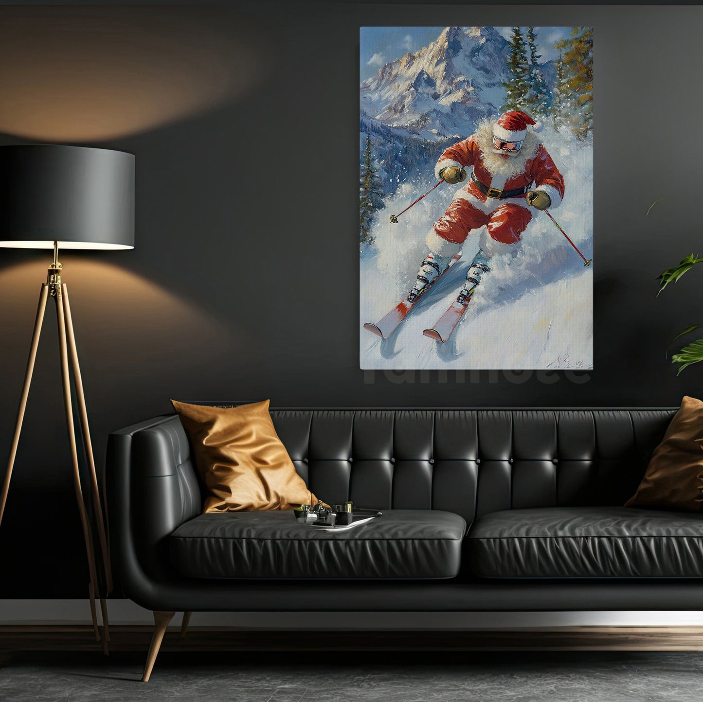 Funny Christmas Skiing Canvas Painting, Santa On Skis Winter Wall Art Decor, Xmas Poster Gift For Skiing Lovers