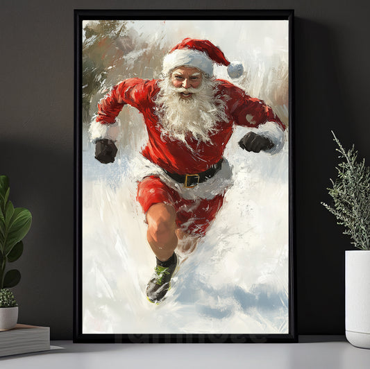 Funny Christmas Running Canvas Painting, Santa's Jolly Jog Winter Wall Art Decor, Xmas Poster Gift For Running Lovers