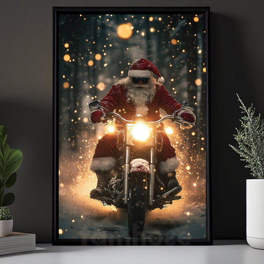 Funny Christmas Motorcycle Canvas Painting, Santa Claus Riding Motocross In Winter Wall Art Decor, Xmas Poster Gift For Motocross Lovers