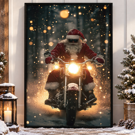 Funny Christmas Motorcycle Canvas Painting, Santa Claus Riding Motorcycle In Winter Wall Art Decor, Xmas Poster Gift For Motorcycle Lovers