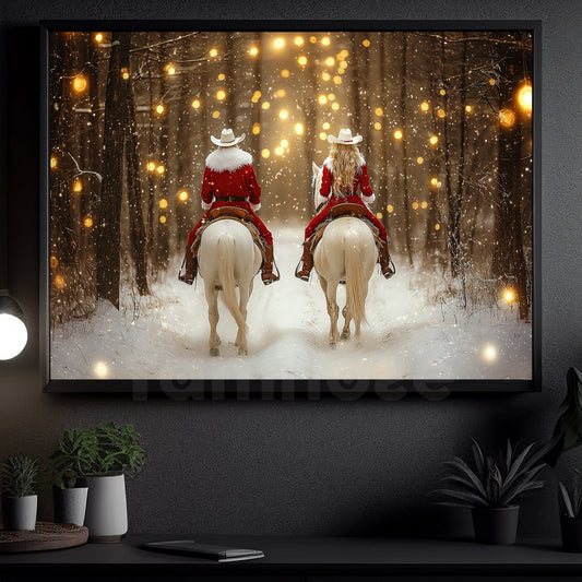 Christmas Cowboy Canvas Painting, Riding Horse In Winter Wall Art Decor, Xmas Poster Gift For Cowboy And Cowgirl Lovers