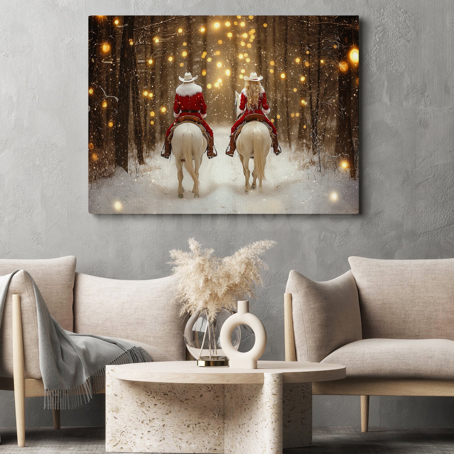 Christmas Cowboy Canvas Painting, Riding Horse In Winter Wall Art Decor, Xmas Poster Gift For Cowboy And Cowgirl Lovers