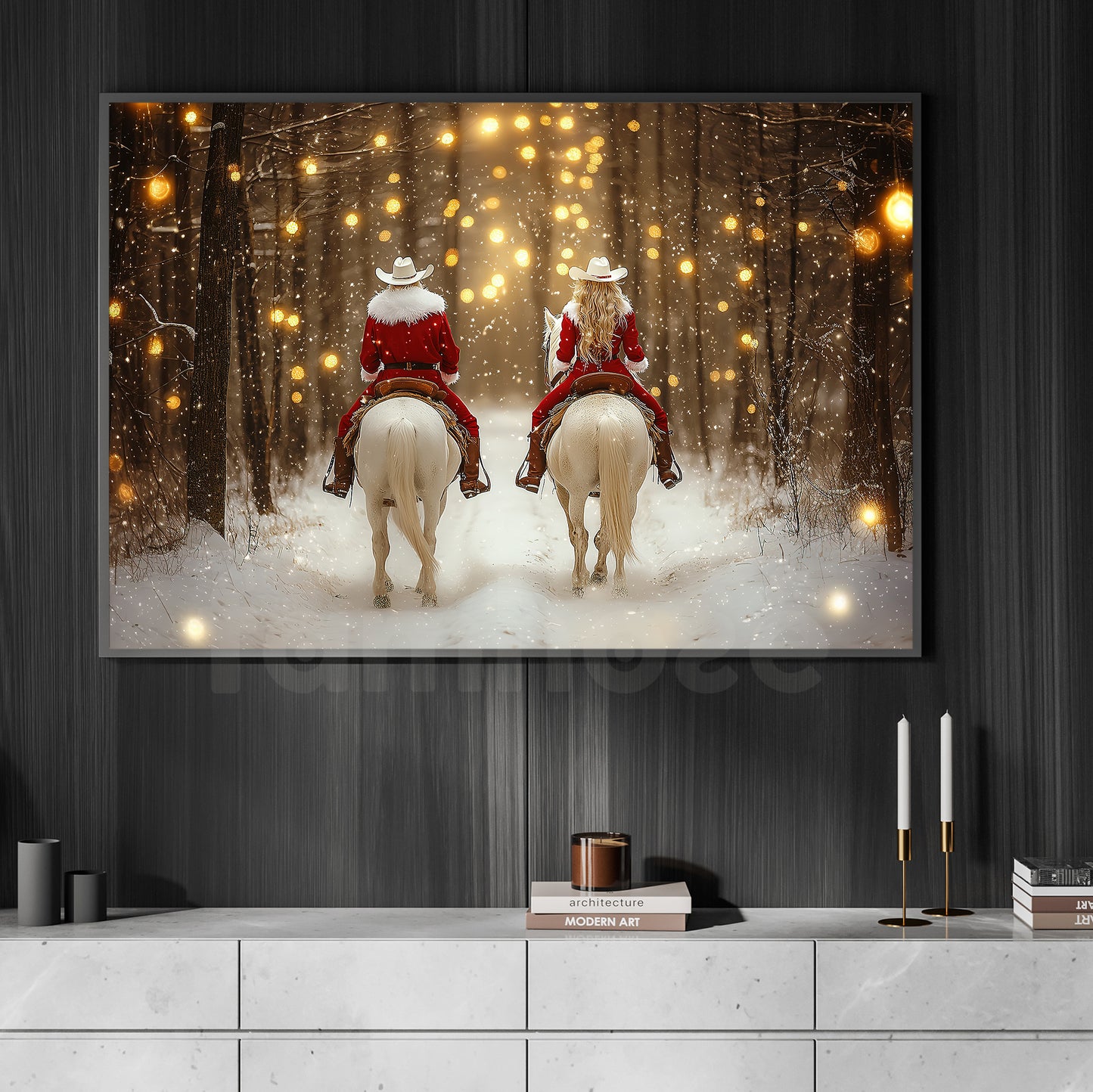 Christmas Cowboy Canvas Painting, Riding Horse In Winter Wall Art Decor, Xmas Poster Gift For Cowboy And Cowgirl Lovers