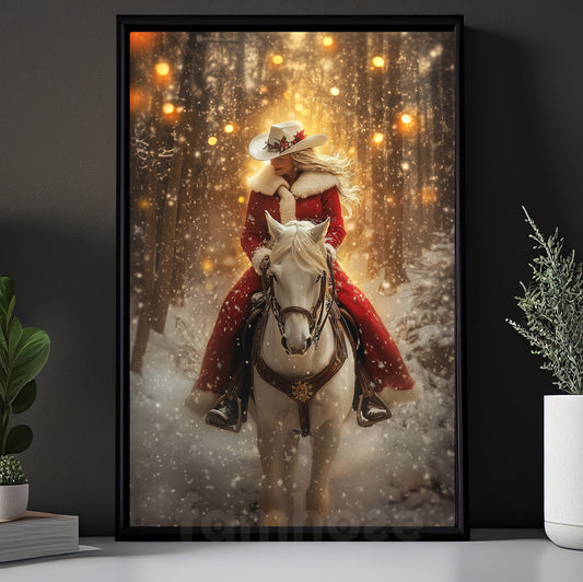 Cozy Christmas Cowgirl Canvas Painting, Midnight Ride In The Snow Winter Wall Art Decor, Xmas Poster Gift For Cowgirl Lovers