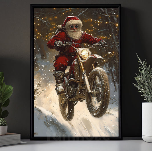 Cool Christmas Motocross Canvas Painting, Santa Claus Ride Motobike Winter Wall Art Decor, Xmas Poster Gift For Motocross Lovers