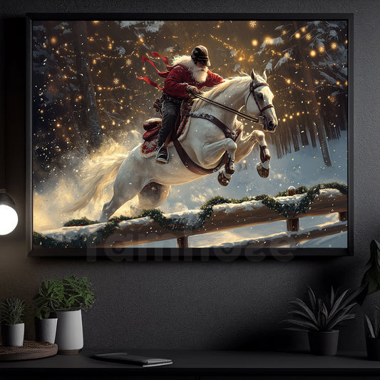 Christmas Canvas Painting, Santa Claus Riding Horse Winter Wall Art Decor, Xmas Poster Gift For Riding Horse Lovers