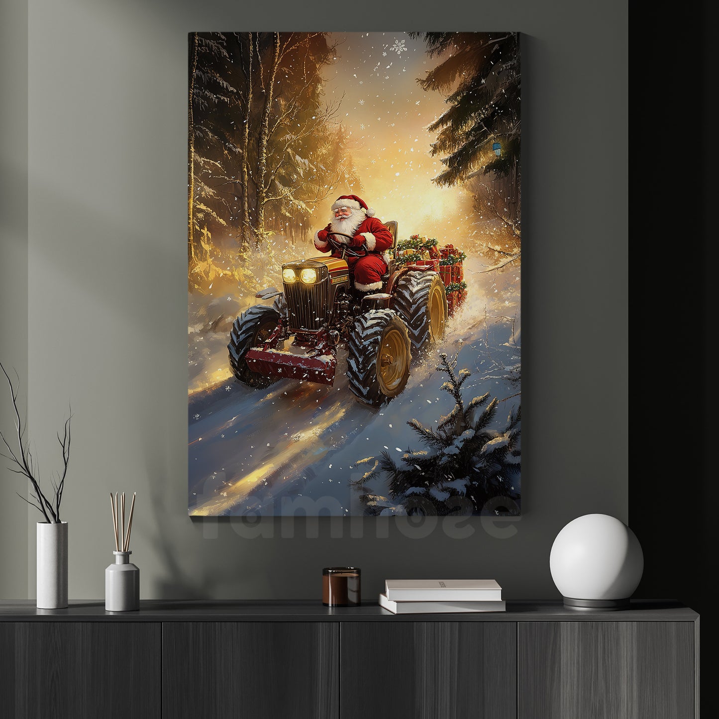 Winter Wonderland with Santa's Tractor Canvas Painting, Tractor Wall Art Decor, Xmas Poster Gift For Tractor Lovers