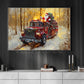 Cozy Christmas Firefighter Canvas Painting, Santa Claus With Fire Truck Wall Art Decor, Xmas Poster Gift For Firefighter Lovers