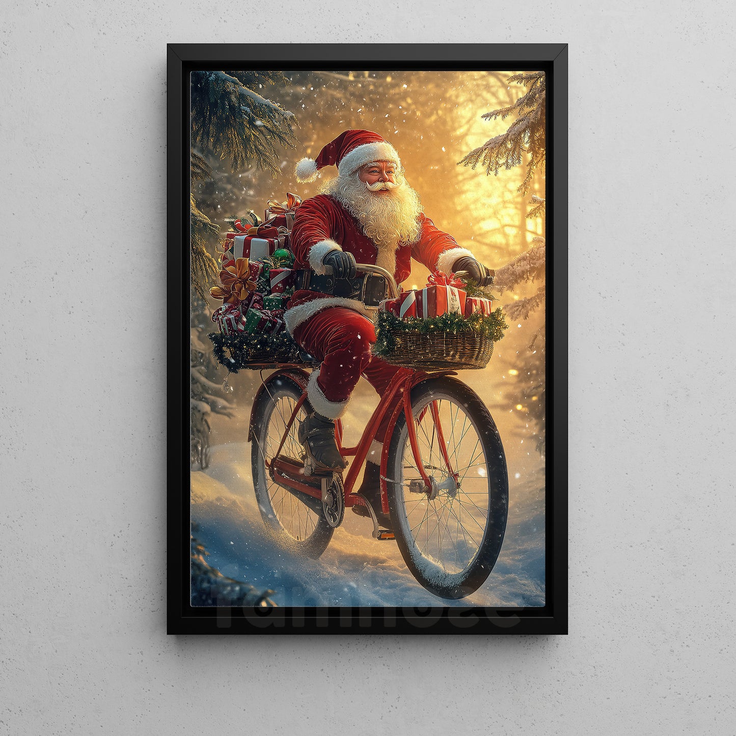 Funny Christmas Bicycle Canvas Painting, Santa's Bicycle Journey Winter Wall Art Decor, Xmas Poster Gift For Bicycle Lovers