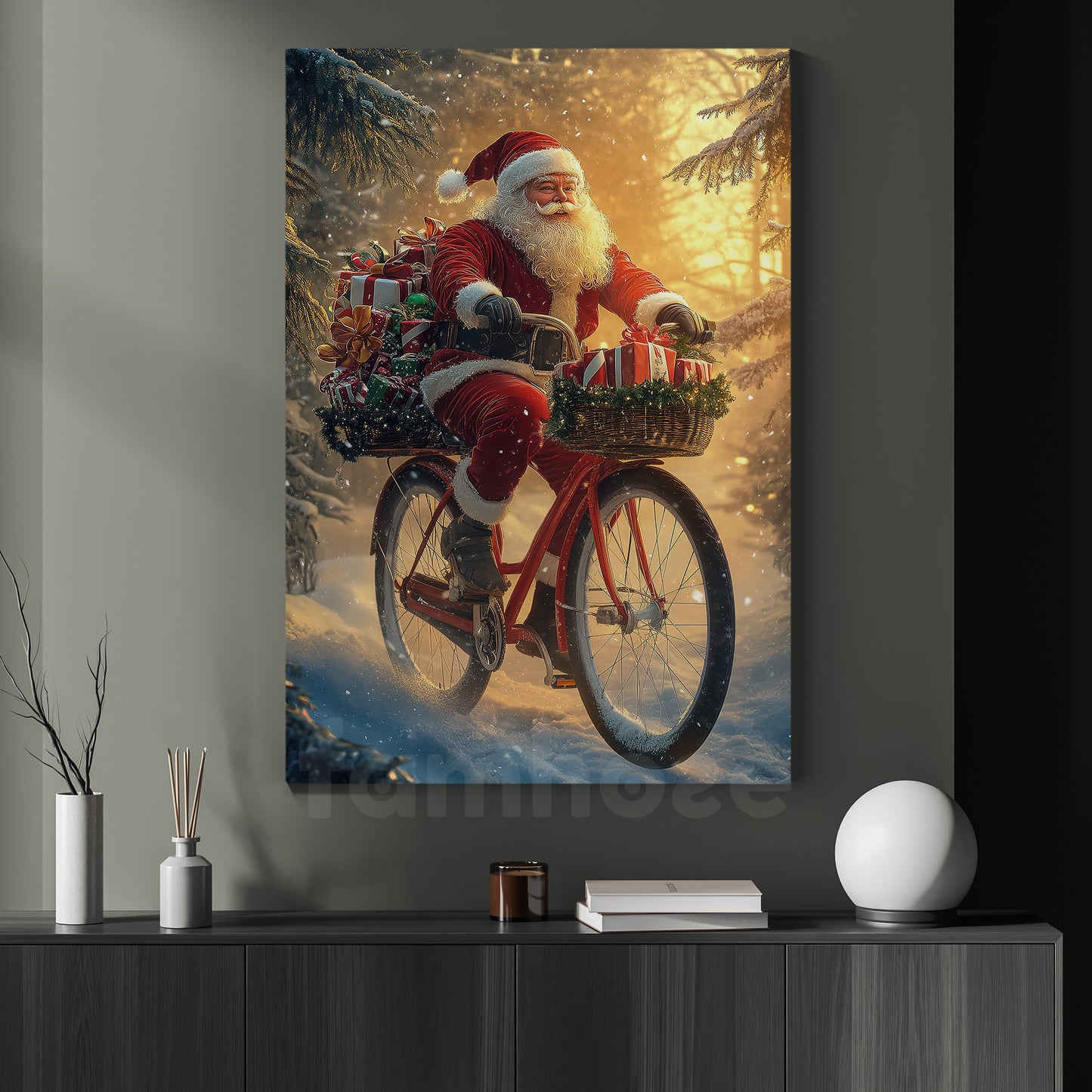 Funny Christmas Bicycle Canvas Painting, Santa's Bicycle Journey Winter Wall Art Decor, Xmas Poster Gift For Bicycle Lovers