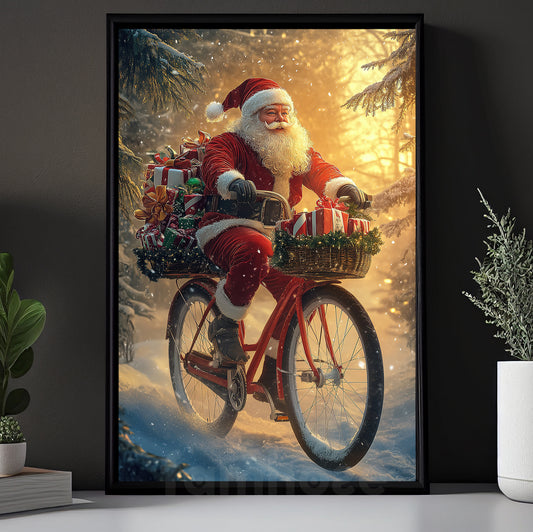 Funny Christmas Bicycle Canvas Painting, Santa's Bicycle Journey Winter Wall Art Decor, Xmas Poster Gift For Bicycle Lovers