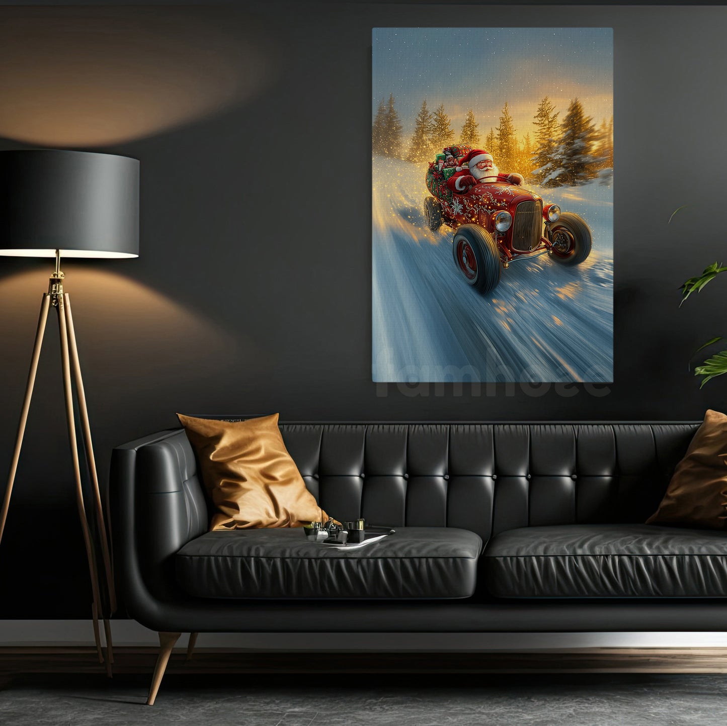 Funny Christmas Hot Rod Canvas Painting, Santa Claus Rides Hot Rod Winter Wall Art Decor, Xmas Poster Gift For Hot Rod Lovers