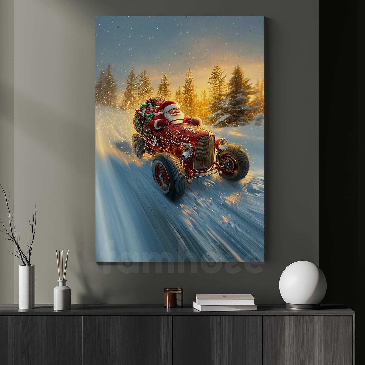 Funny Christmas Hot Rod Canvas Painting, Santa Claus Rides Hot Rod Winter Wall Art Decor, Xmas Poster Gift For Hot Rod Lovers