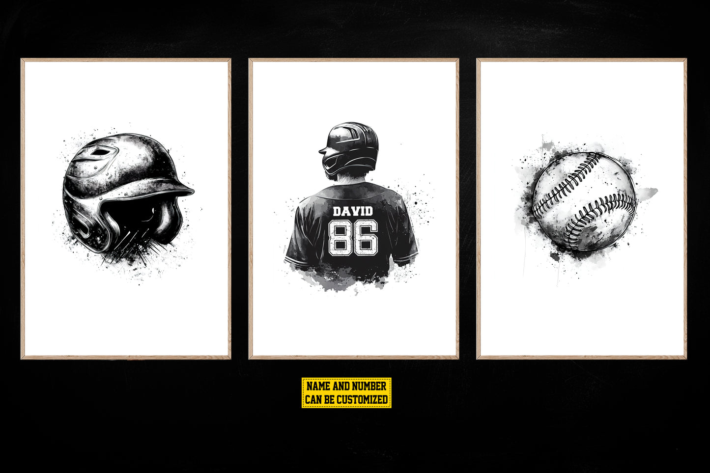 Set Of 3 Baseball Canvas Painting, Helmet, Player and Ball, Sport Wall Art Decor, Poster Gift For Baseball Lovers