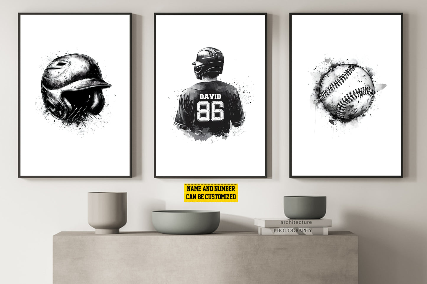 Set Of 3 Baseball Canvas Painting, Helmet, Player and Ball, Sport Wall Art Decor, Poster Gift For Baseball Lovers