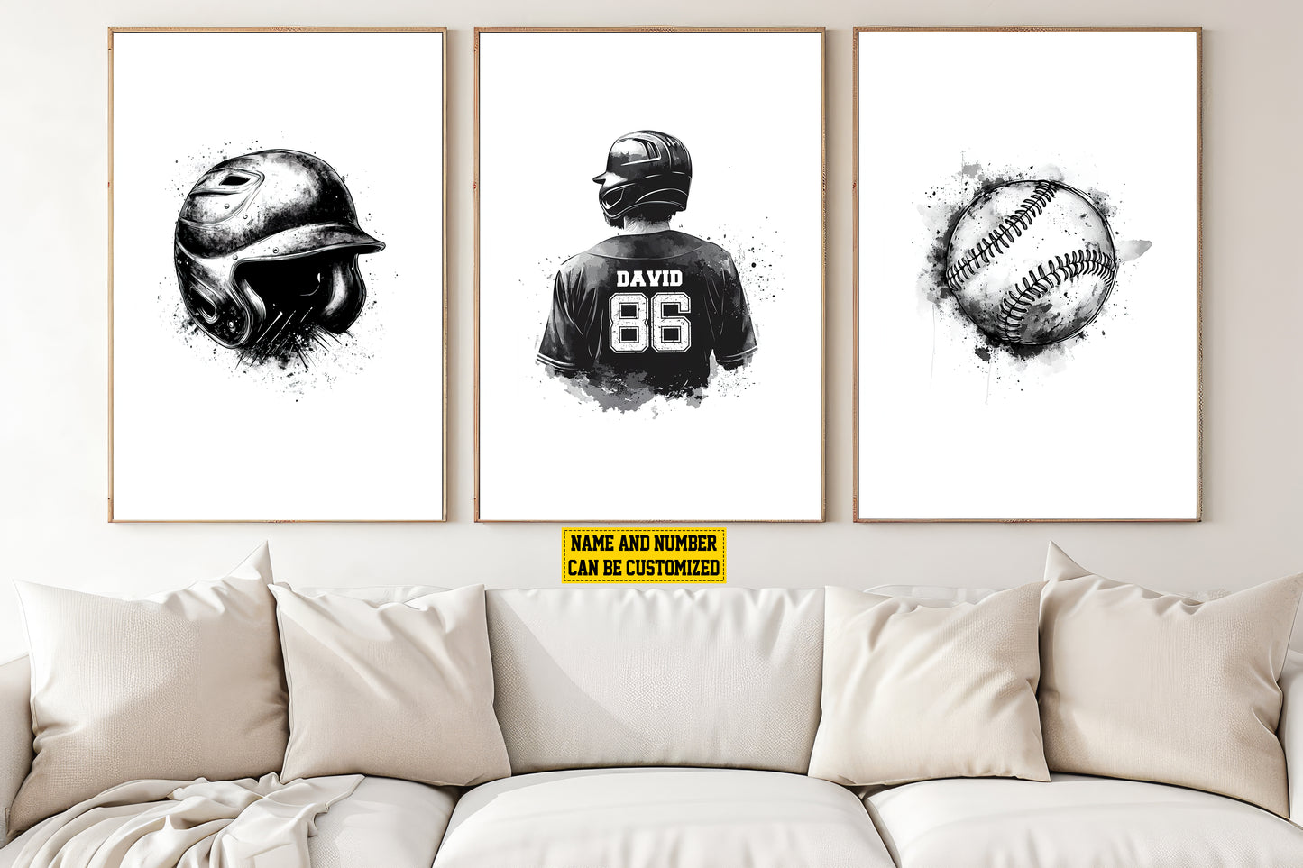 Set Of 3 Baseball Canvas Painting, Helmet, Player and Ball, Sport Wall Art Decor, Poster Gift For Baseball Lovers