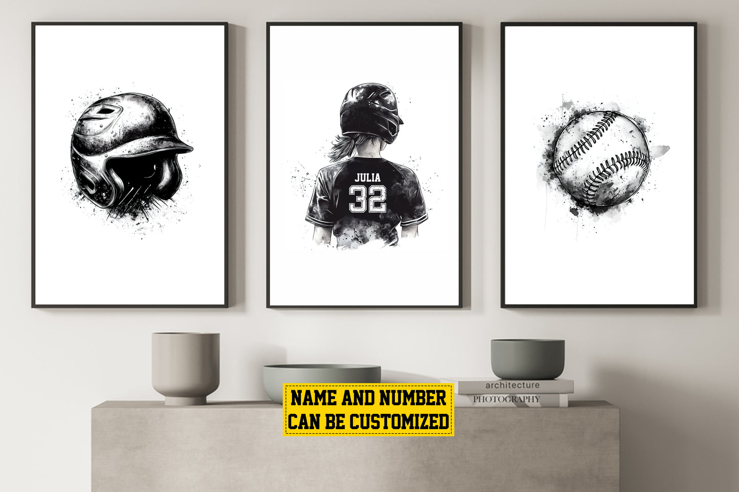 Set Of 3 Personalized Softball Girl Canvas Painting, Helmet, Player And Ball, Sport Wall Art Decor, Poster Gift For Softball Lovers