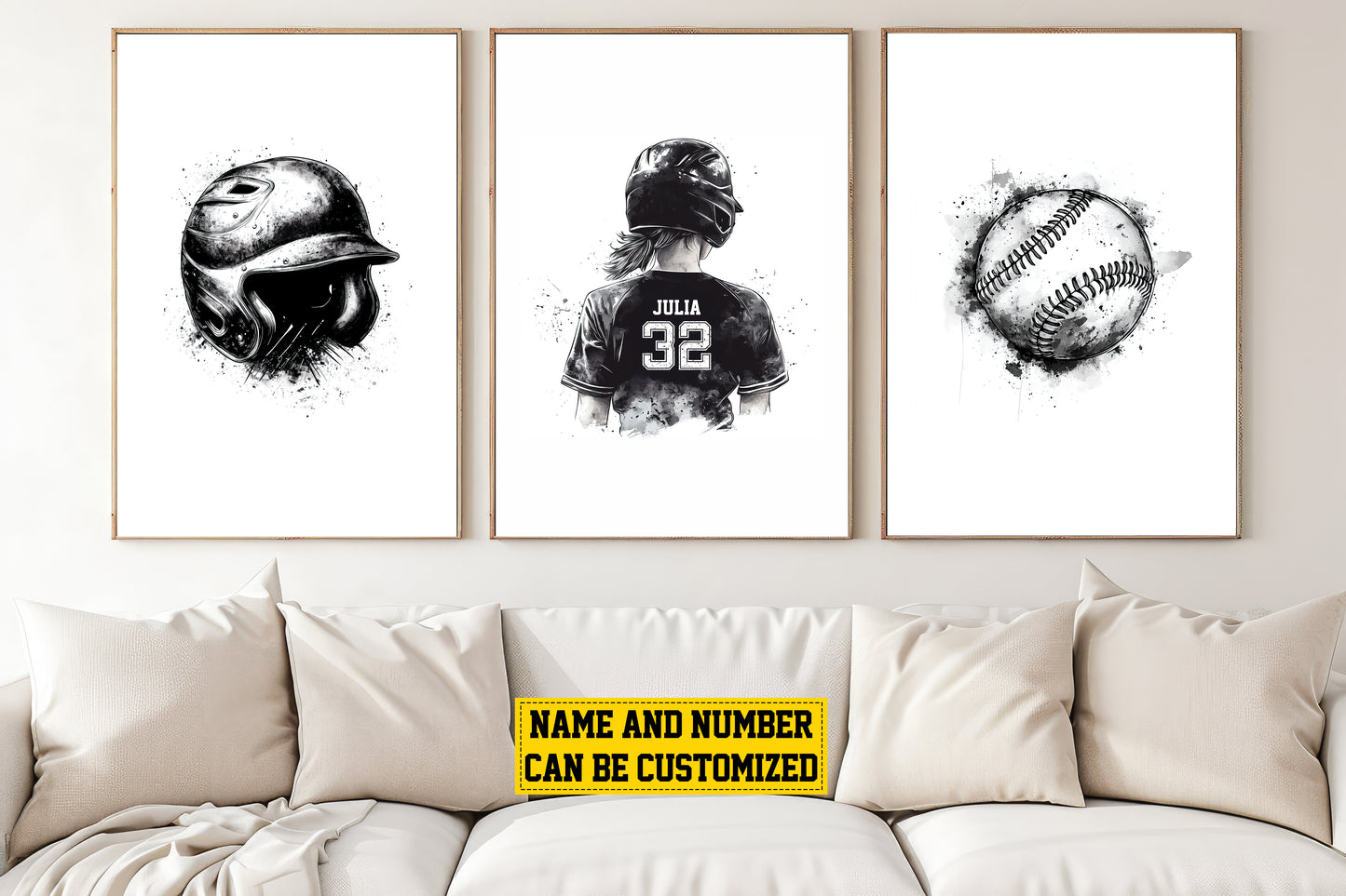 Set Of 3 Personalized Softball Girl Canvas Painting, Helmet, Player And Ball, Sport Wall Art Decor, Poster Gift For Softball Lovers