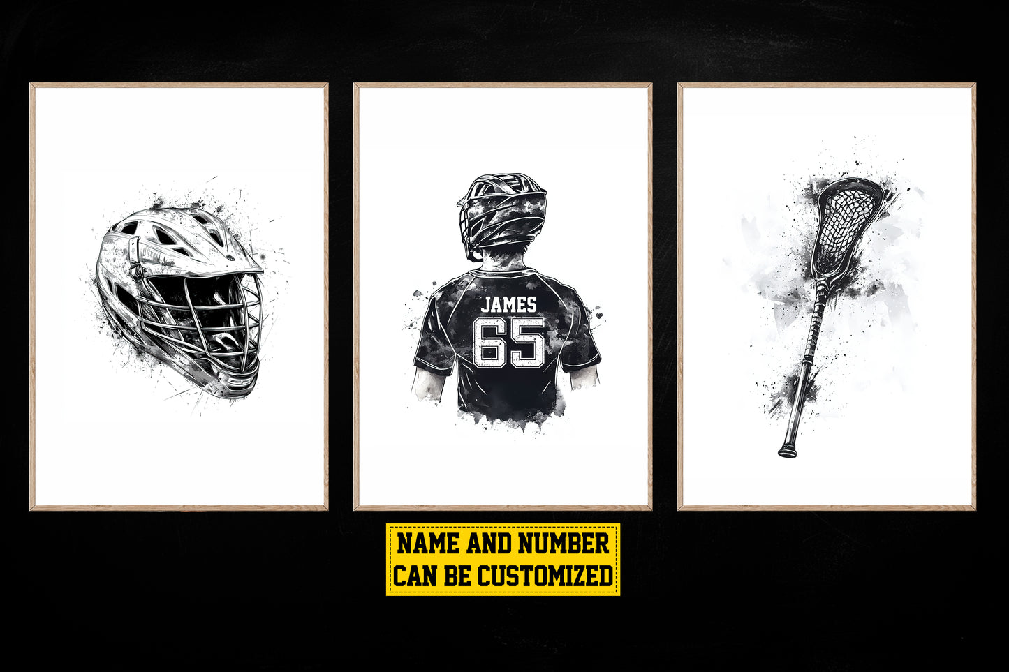 Set Of 3 Personalized Lacrosse Boy Canvas Painting, Helmet, Player And Lacrosse Stick, Sport Wall Art Decor, Poster Gift For Lacrosse Lovers