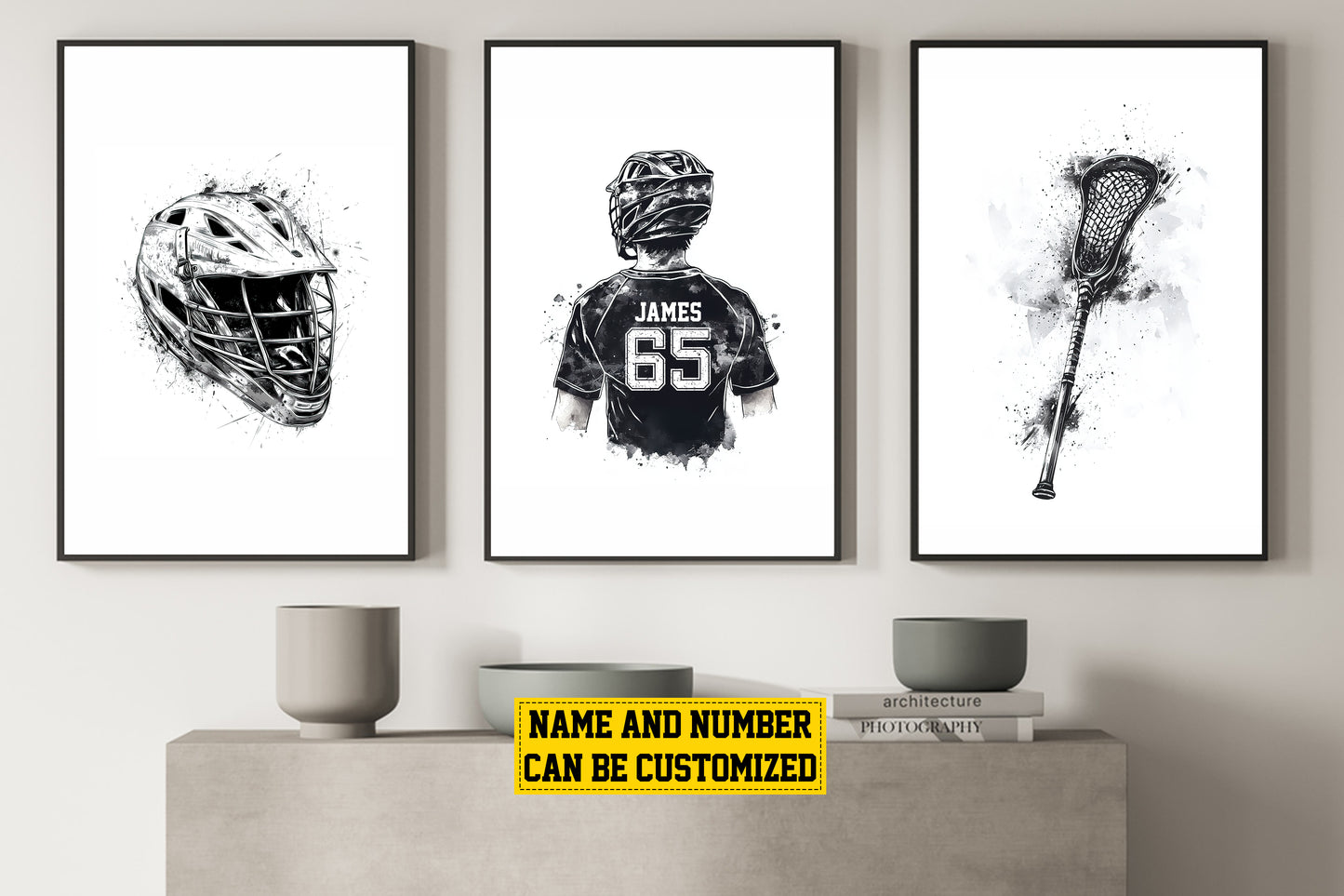 Set Of 3 Personalized Lacrosse Boy Canvas Painting, Helmet, Player And Lacrosse Stick, Sport Wall Art Decor, Poster Gift For Lacrosse Lovers