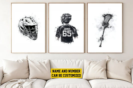 Set Of 3 Personalized Lacrosse Boy Canvas Painting, Helmet, Player And Lacrosse Stick, Sport Wall Art Decor, Poster Gift For Lacrosse Lovers