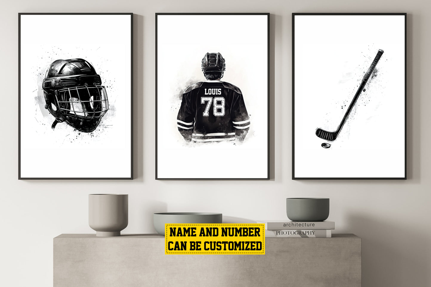 Set Of 3 Personalized Hockey Boy Canvas Painting, Helmet, Player and Hockey Stick, Sport Wall Art Decor, Poster Gift For Hockey Lovers