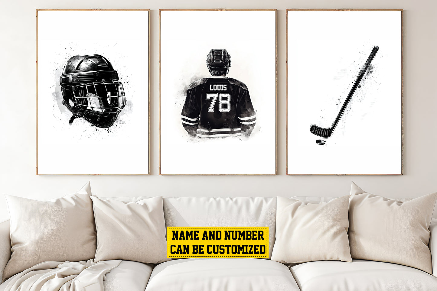 Set Of 3 Personalized Hockey Boy Canvas Painting, Helmet, Player and Hockey Stick, Sport Wall Art Decor, Poster Gift For Hockey Lovers