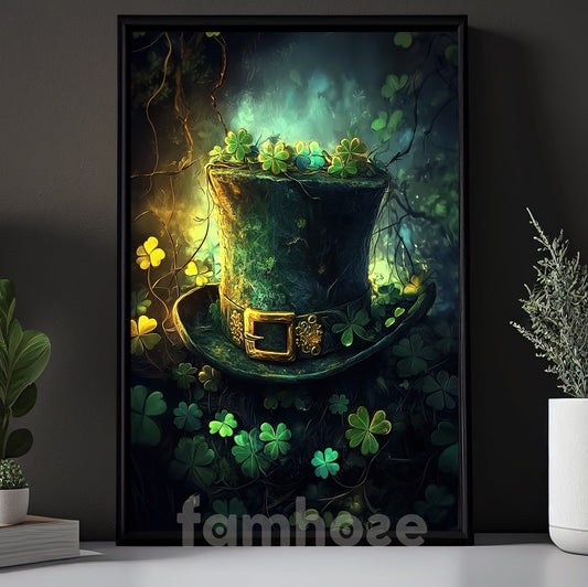 St Patrick's Day Canvas Painting, Magical Shamrock Hat Wall Art Decor, Irish Poster Gift