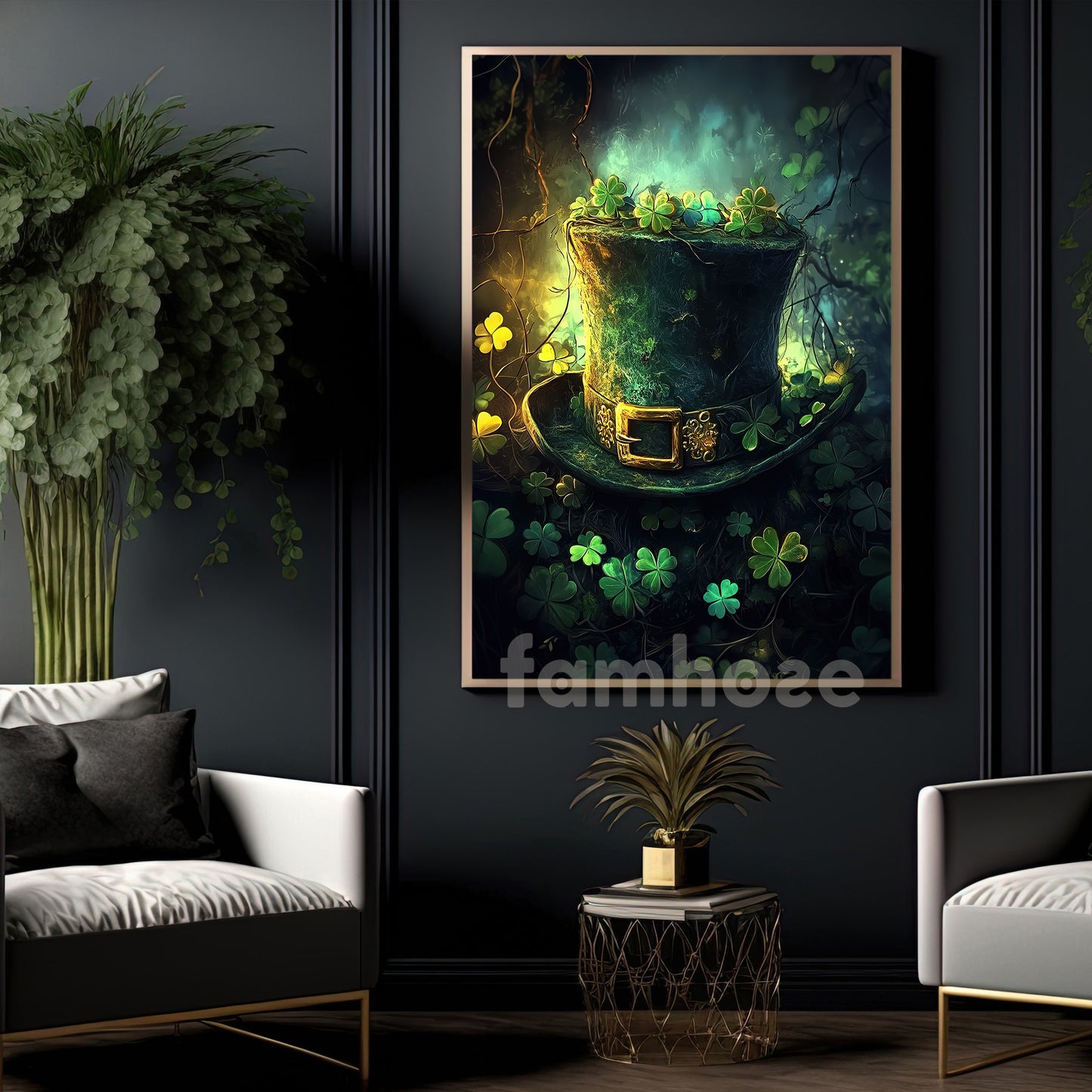 St Patrick's Day Canvas Painting, Magical Shamrock Hat Wall Art Decor, Irish Poster Gift