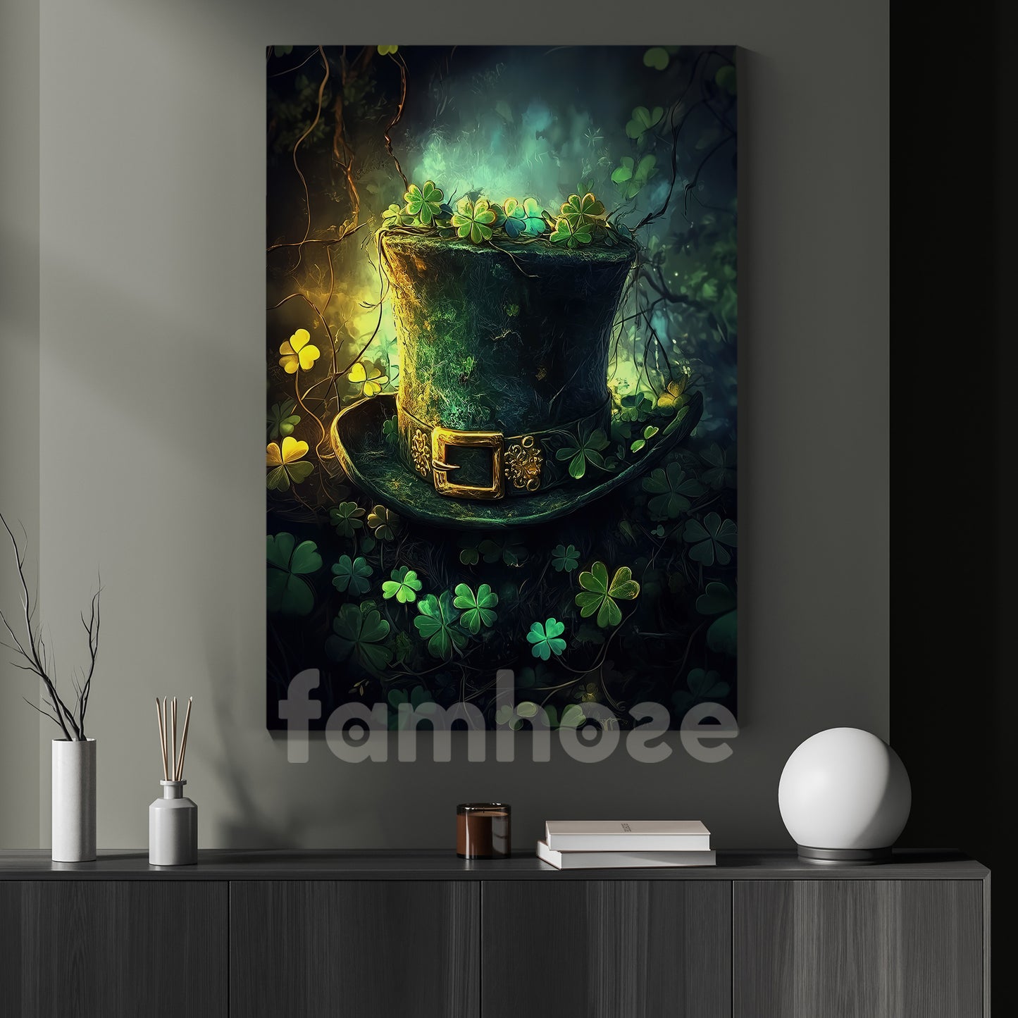 St Patrick's Day Canvas Painting, Magical Shamrock Hat Wall Art Decor, Irish Poster Gift