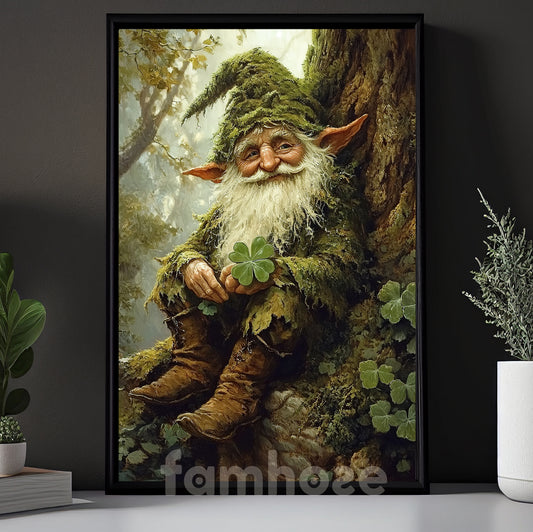 St Patrick's Day Canvas Painting, Whimsical Forest Gnome With Shamrocks Wall Art Decor, Irish Poster Gift