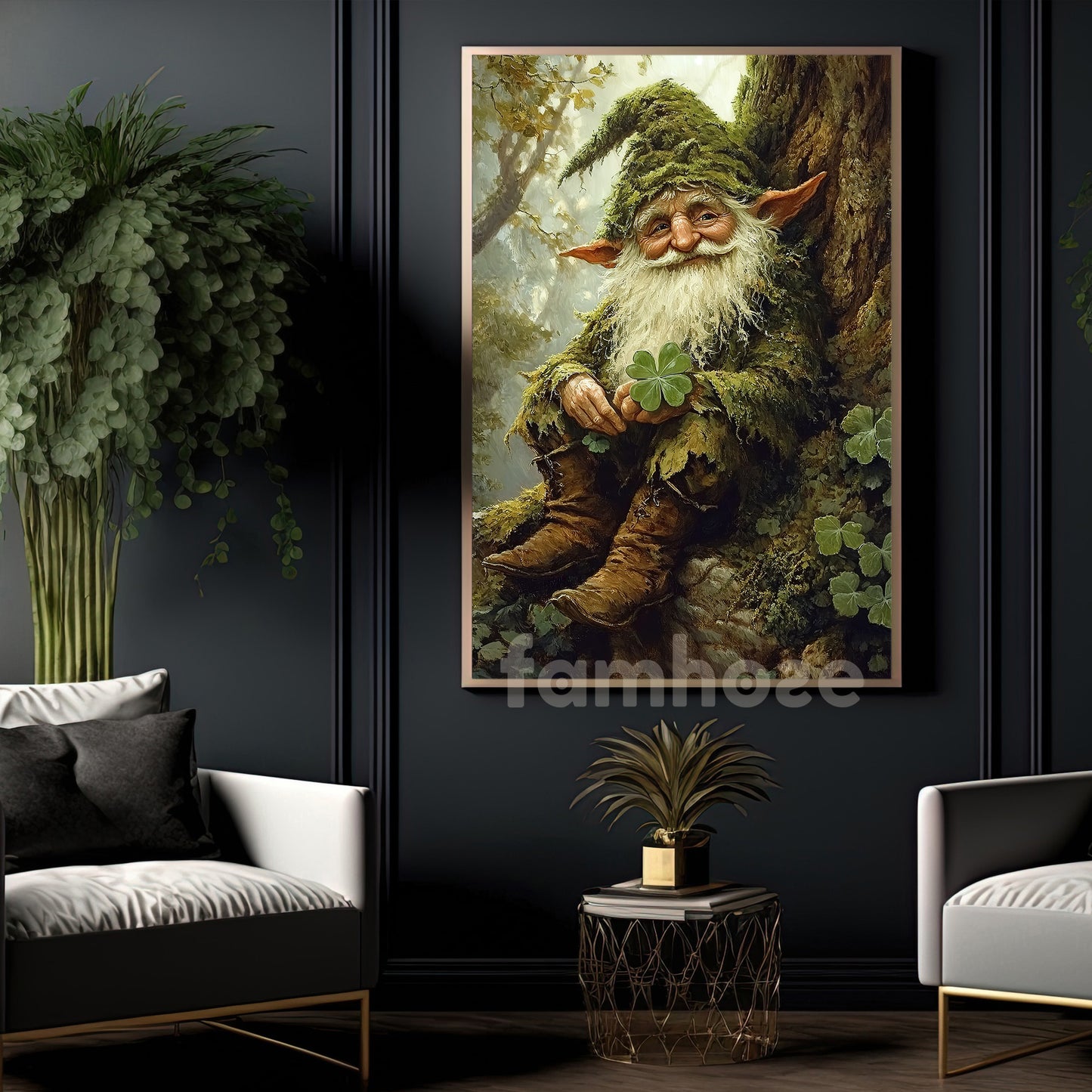 St Patrick's Day Canvas Painting, Whimsical Forest Gnome With Shamrocks Wall Art Decor, Irish Poster Gift