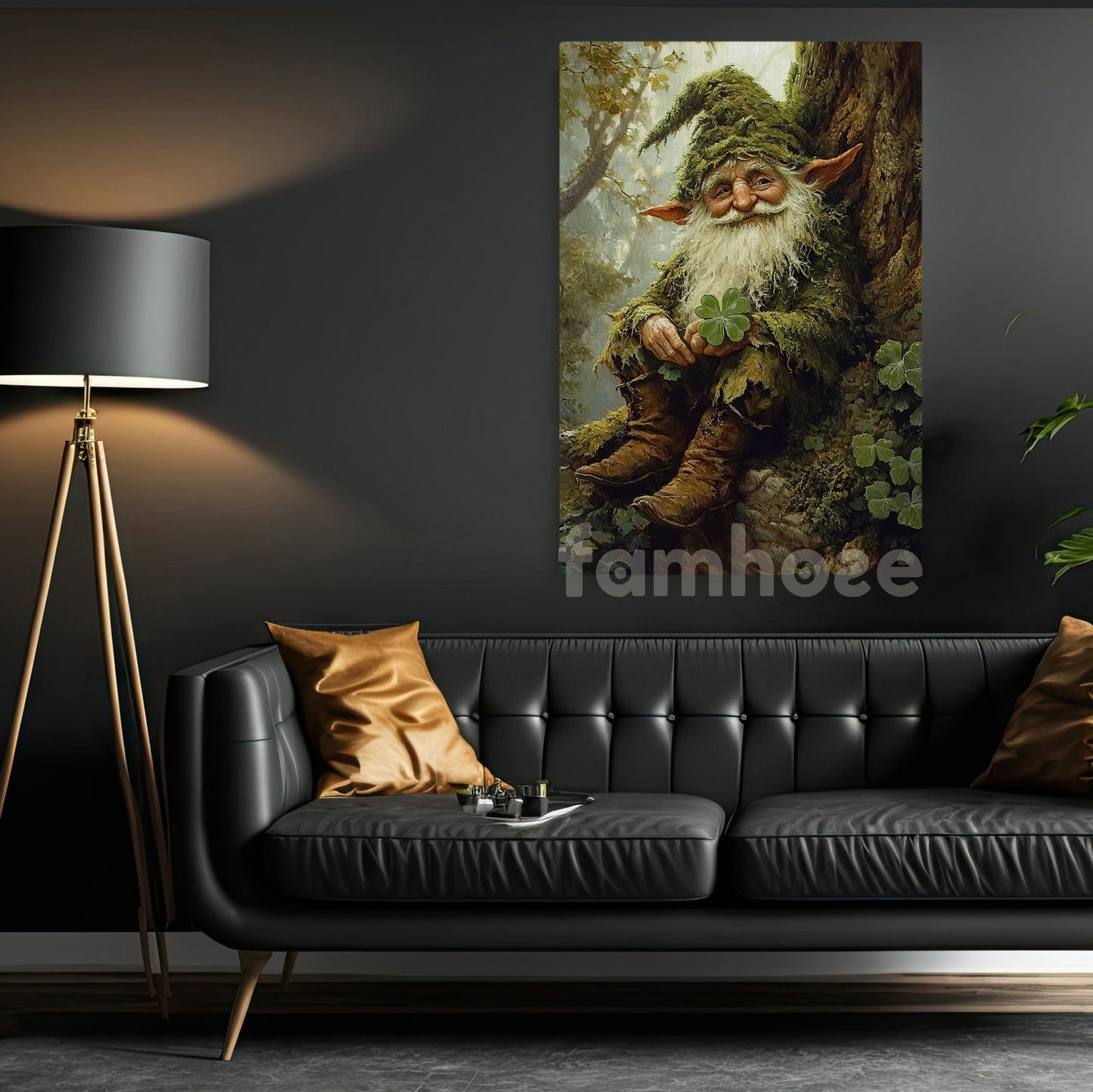 St Patrick's Day Canvas Painting, Whimsical Forest Gnome With Shamrocks Wall Art Decor, Irish Poster Gift