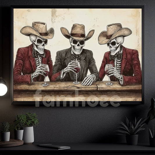 Vintage Cowboy & Wine Canvas Painting, Western Skeletons Cowboy Wall Art Decor, Poster Gift For Cowboy Lovers, Wine Lovers